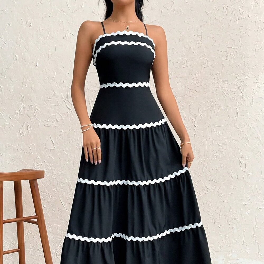 Black And White Sexy Women's Colorblock Spaghetti Strap A-Line Dress - Picture 7 of 7